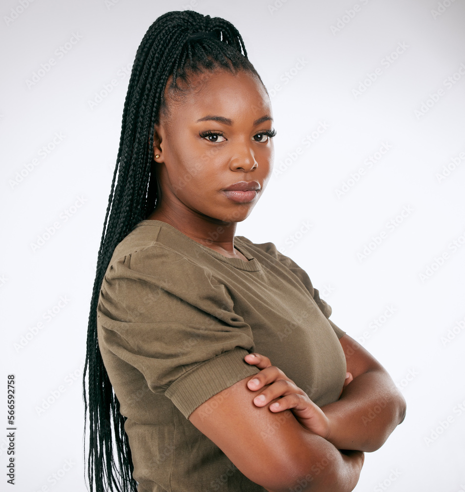 Black woman, arms crossed and standing in confidence with vision isolated against a gray studio background. Portrait of African American female profile face for leadership, management or empowerment - obrazy, fototapety, plakaty 