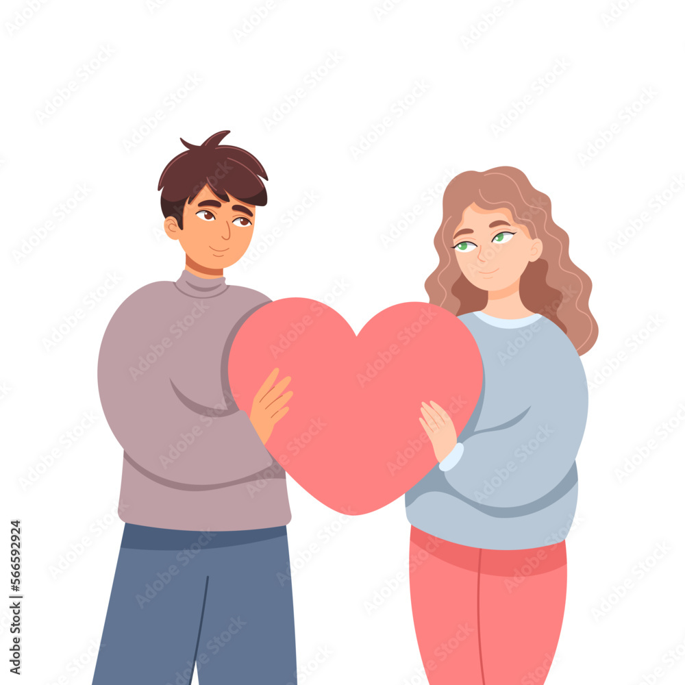 Guy and girl in love holding big pink heart. Saint Valentines day vector illustration Guy and girl in love holding big pink heart. Saint Valentines day vector illustration