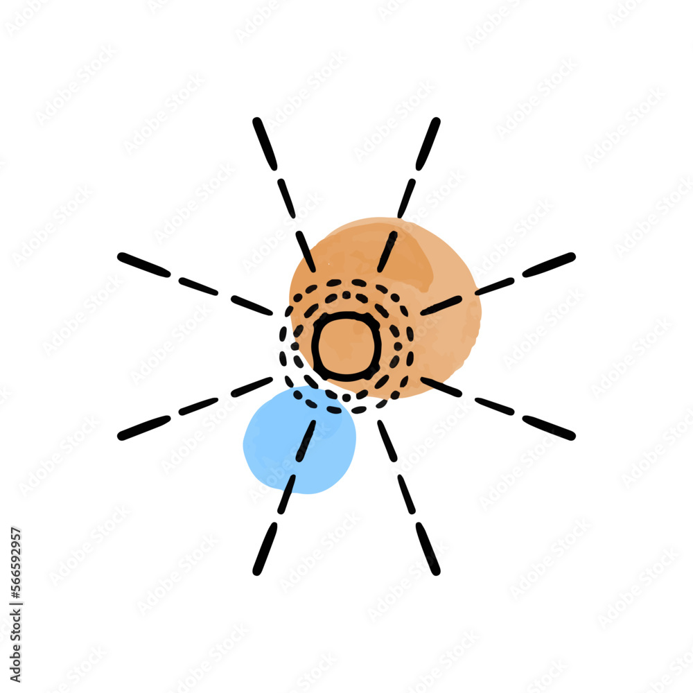 Vector illustration of abstract sun hand drawn in black line. Colored spots of watercolor paint. Logo for isoterics, celestial bodies, astrology.