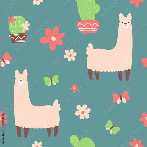 Textile fabric seamless pattern with illustrations of cute llamas  butterflies and cacti