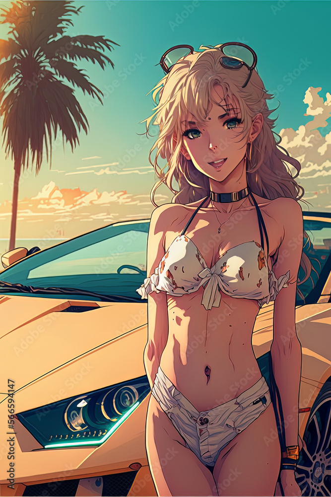 Cure girl with yellow lambo on the beach
