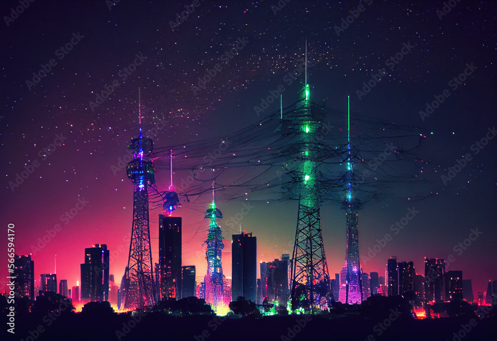 Telecommunication tower with cellular network antennas on night city landscape. Generative Ai Art. Urban skyline. Futuristic scene. Aurora in the sky.