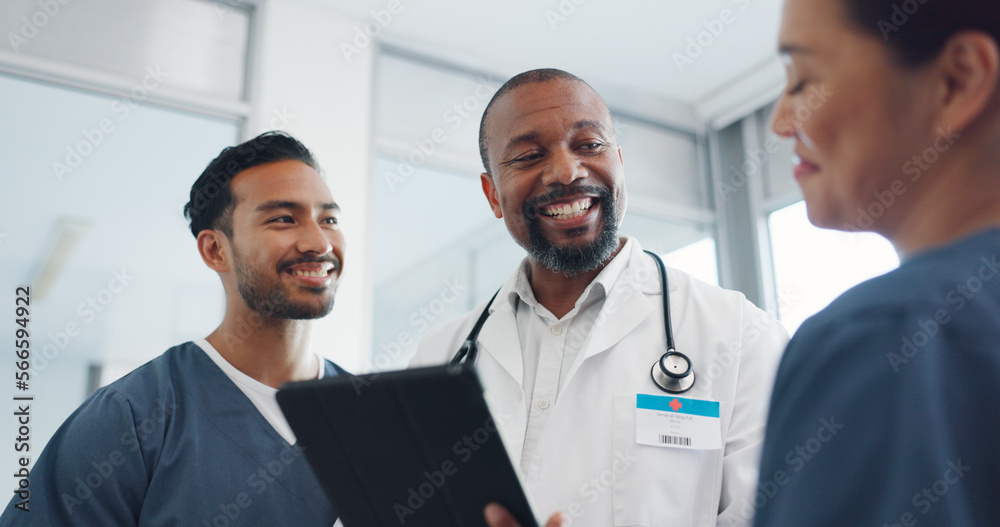 Doctors teamwork, tablet and handshake in hospital in sequence. Collaboration, celebration and group of people or nurses researching with digital touchscreen, huddle and celebrating goals or targets. Doctors teamwork, tablet and handshake in hospital in sequence. Collaboration, celebration and group of people or nurses researching with digital touchscreen, huddle and celebrating goals or targets.