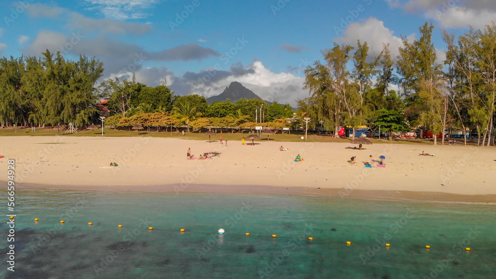 Amazing aerial view of Flic en Flac Beach at sunset, Mauritius Island Amazing aerial view of Flic en Flac Beach at sunset, Mauritius Island