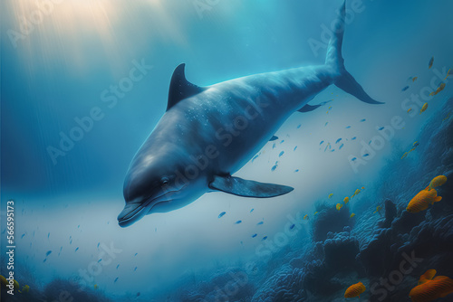 Fotografia Underwater shot of a diving dolphin, Generative AI