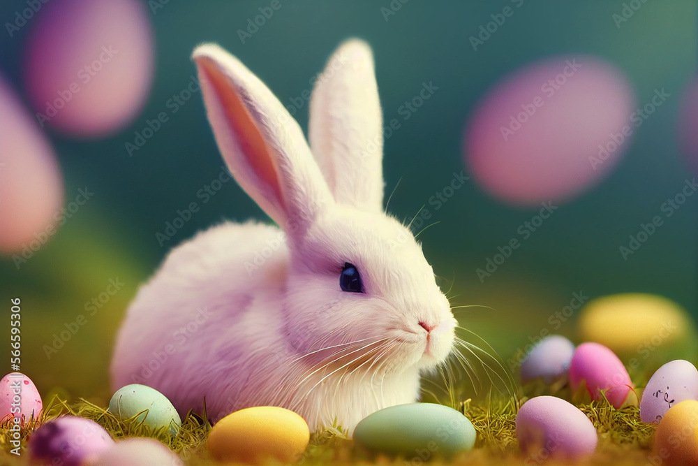 Obraz premium Easter card with rabbit and colorful eggs. AI