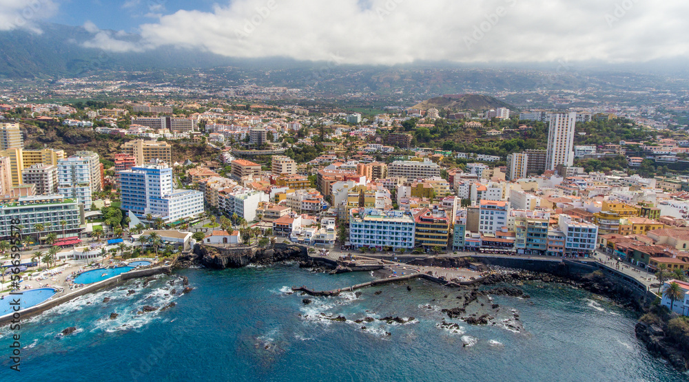 Puerto de la Cruz from drone in Tenerife, Canary Islands.
