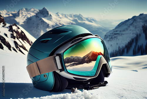 Skiing helmet on snowy background. Generative AI.