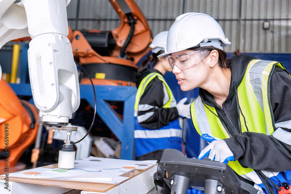 Women engineer team together at work in modern advanced robot welding machine sell service factory Women engineer team together at work in modern advanced robot welding machine sell service factory