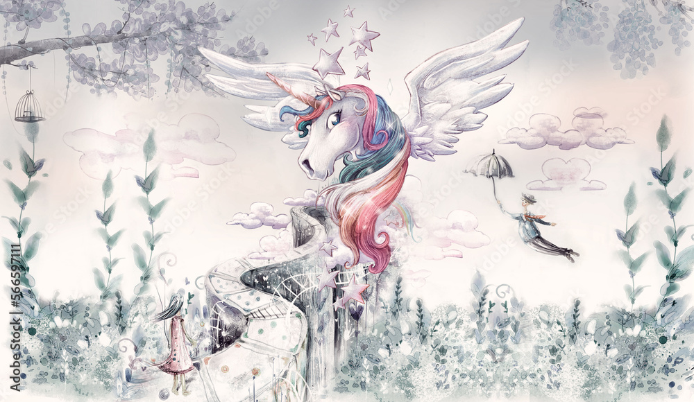 Fairy tale background with magic pegasus for wallpaper, can be used as poster. Botanical art. Mural.  - obrazy, fototapety, plakaty 