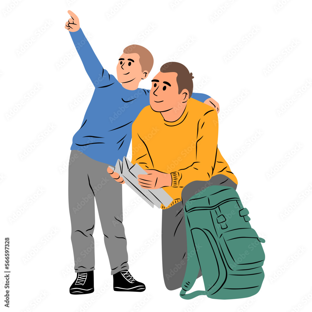 Un père et son fils en randonnée, avec une carte et un sac à dos, activité de plein air