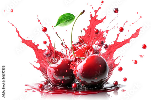 Sweet red cherries in splash of juice isolated on white. Generative AI
