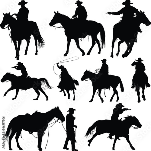Set of cowboy riding horses 