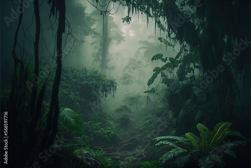  a lush green forest filled with lots of trees and plants on a foggy day in the middle of the forest with lots of trees and ferns. generative ai