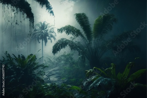  a forest filled with lots of green plants and tall trees in the foggy night sky with hanging plants and trees in the foreground.  generative ai