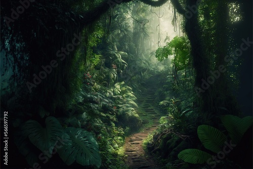  a path in the middle of a jungle with lots of trees and plants on either side of it and a path leading to the top of the trees. generative ai