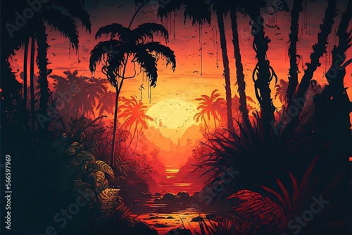  a painting of a tropical sunset with palm trees and a river in the foreground and a bird flying over the water at the end of the sunset. generative ai