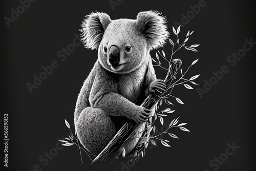  a drawing of a koala bear holding a branch of a tree with leaves on it's back, on a black background with a black background. generative ai