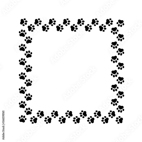 Frame paw pattern. Cute square border dog or cat. Black footprint boarder isolated on white background. Mark animal frames. Silhouette step for design prints. Footmark lines. Vector illustration