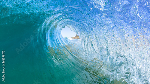 Wave Surfing Surfer Perspective Hollow Tube Ride Inside Out Blue Water Ocean.
