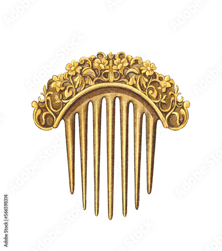 Fotografie Watercolor vintage antique jewelry gold bronze hairpin comb hair with ornate ornament isolated on white background