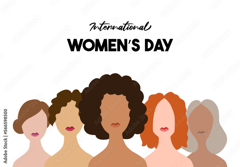 International women's day poster. 5 women with different skin tone and hairstyles on the white background. International women's day poster. 5 women with different skin tone and hairstyles on the white background.