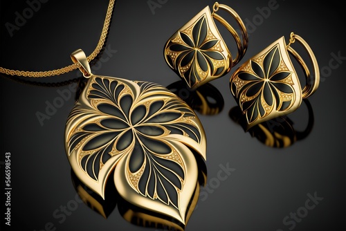  a set of jewelry is shown on a black background with a gold chain and pendant and matching rings and earrings are also in the foreground.  generative ai