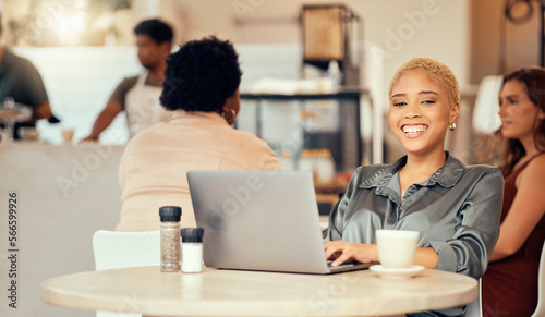 Happy woman, portrait and laptop in cafe of remote work, freelance happiness and busy wifi restaurant. Female smile in coffee shop on computer technology, internet and blogging for social networking
