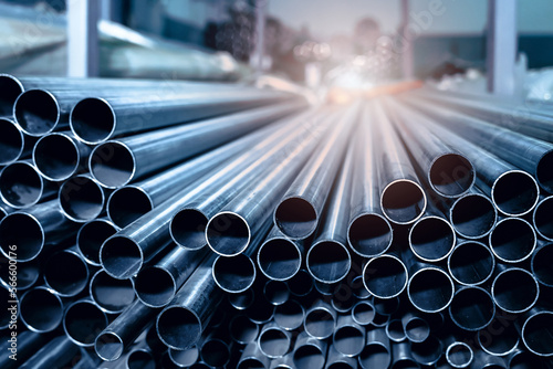 Stainless steel pipes in an industrial warehouse