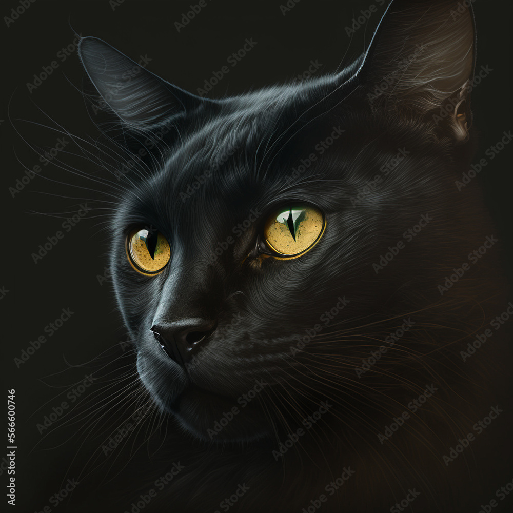 Black cat on black background with bright yellow eyes.