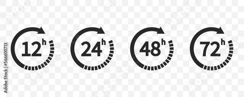 12, 24, 48 and 72 hours clock arrow. Delivery and service time. Vector icon Illustration. EPS 10 