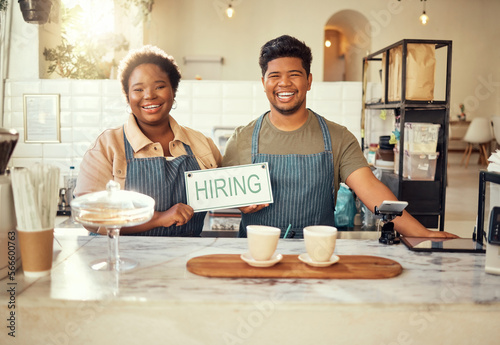 Portrait, collaboration and hiring sign by small business owners happy at coffee shop or cafe in support together. Team, recruitment and friends due to startup growth due to vacancy, join us or job