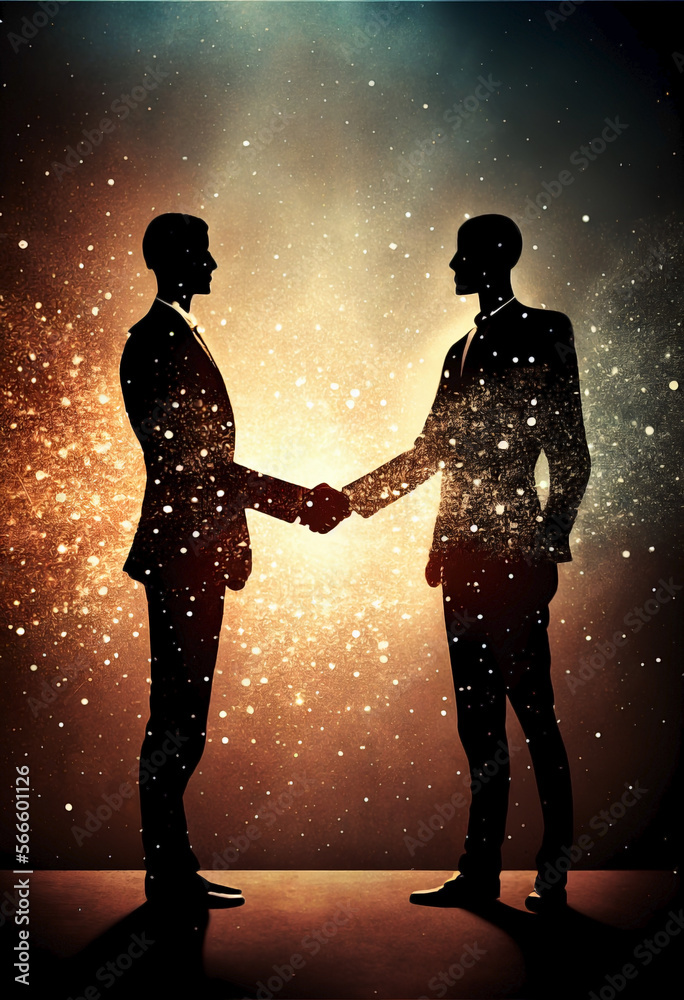 Silhouette of a couple of businessmen standing closing a deal shaking hands at sunset. Ai generated