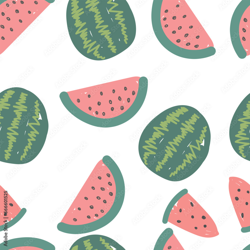 watermelon slices and doodles vector seamless pattern. hand drawn. illustration for wallpaper, wrapping paper, textile, background. red juicy summer fruit watermelon slices and doodles vector seamless pattern. hand drawn. illustration for wallpaper, wrapping paper, textile, background. red juicy summer fruit