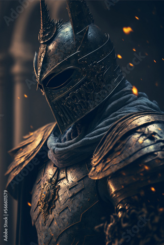 Foto A medieval knight standing in a dark castle wearing powerful armor and a helmet