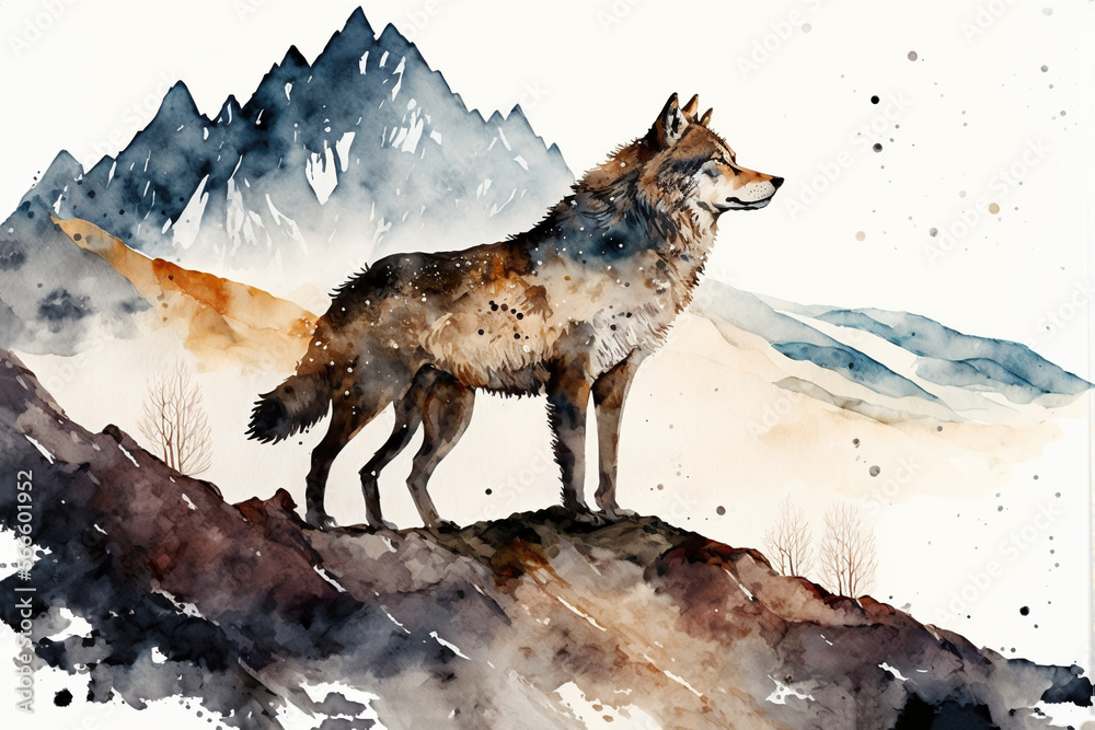 Digital watercolor painting of a wolf in the mountains. 4k Wallpaper ...