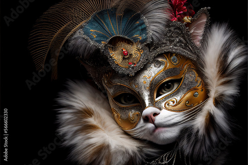 Cat in a Venetian carnival mask. AI generated