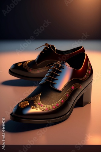 A pair of formal shoes with flowers on top of it, a bronze sculpture  photo