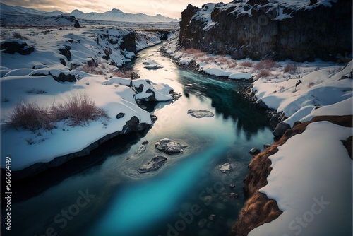  a river running through a snow covered landscape next to a rocky mountain side with a river running between it and snow covered rocks on the ground. generative ai
