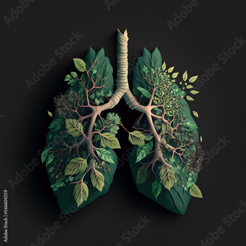 human lungs made of tree green leaves and roots. Ecological product design