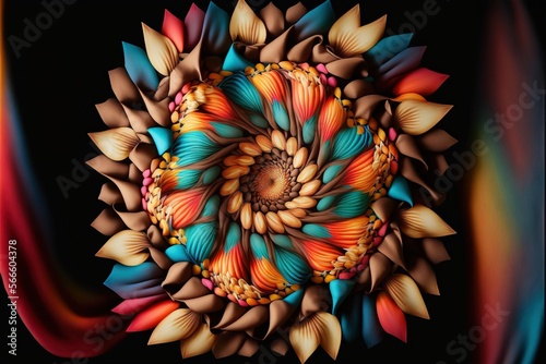  a multicolored flower is shown in this artistic image of a flower with many petals and petals on it s petals  with a black background with a red  orange  yellow  red  blue  yellow.  generative ai