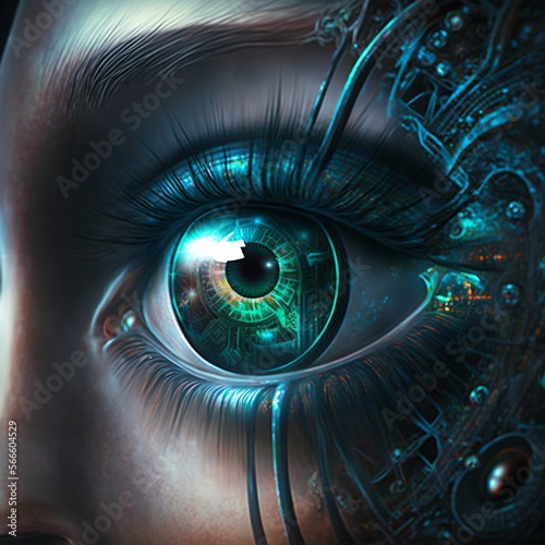 future eyes ,holographic, futuristic, cosmic, mysterious eye of the world beauty see you fractal spiral universe earth listens green smart technology intelligence  photo