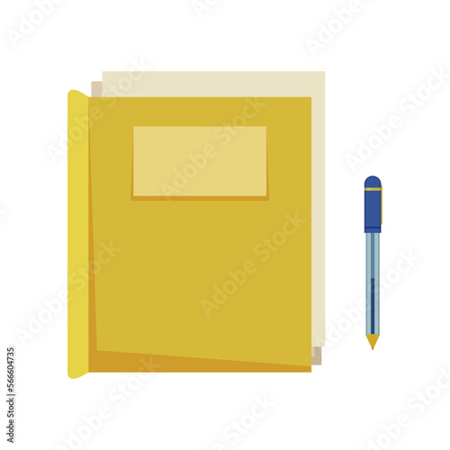 Yellow notebook with pen vector illustration. Script for filmmaking, element of action film set isolated on white background. Cinematography, filmmaking, professions concept