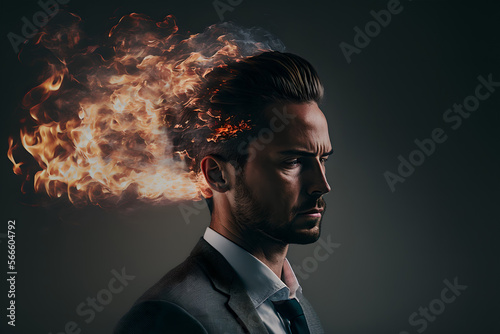 Smart Business Man, Manager have Hot-Headed in Job, Work until it seems like Fire Burn on His Head