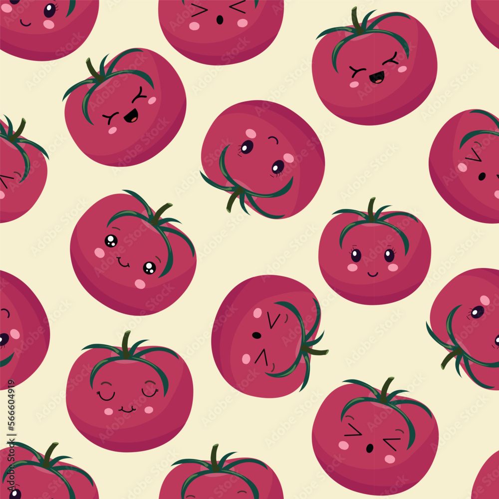 Seamless pattern of pink tomatoes in the style of kawaii. Vector illustration Seamless pattern of pink tomatoes in the style of kawaii. Vector illustration