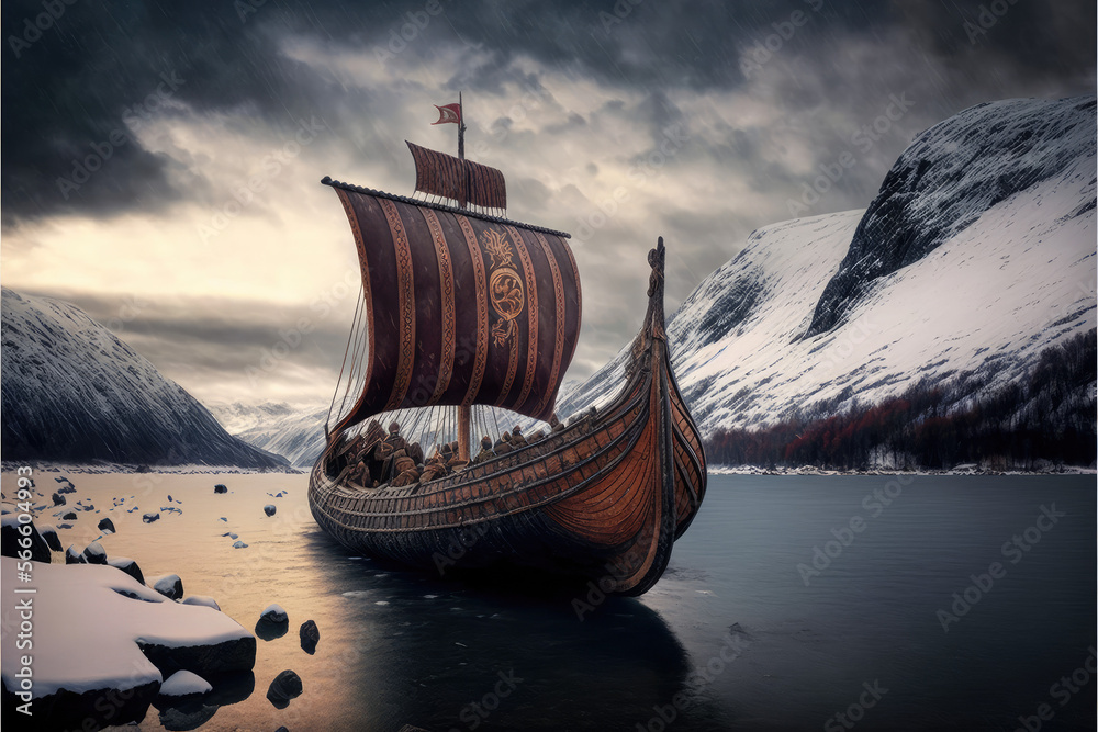 Viking Ship In A Freezing Fiord In Scandinavia Created With Generative viking-ship-in-a-freezing-fiord-in-scandinavia-created-with-generative