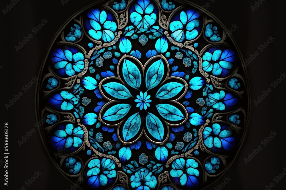  a circular window with blue flowers in the middle of it and a black background with a blue flower in the middle of the window and a black background.  generative ai