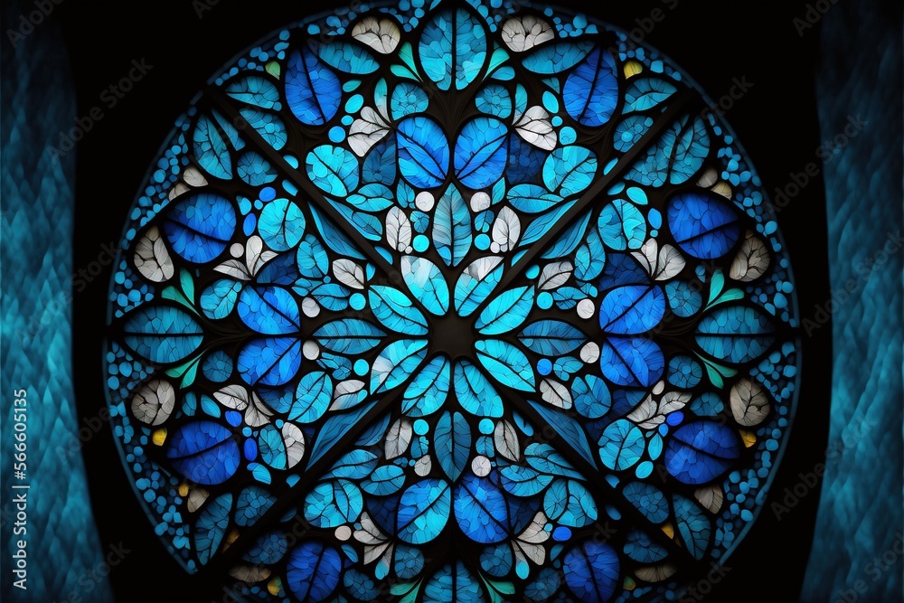  a circular stained glass window with blue butterflies in it's center and a black background with a blue circle in the middle of the window.  generative ai