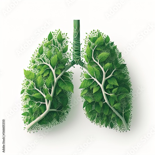 human lungs made of tree green leaves and roots. Ecological product design photo
