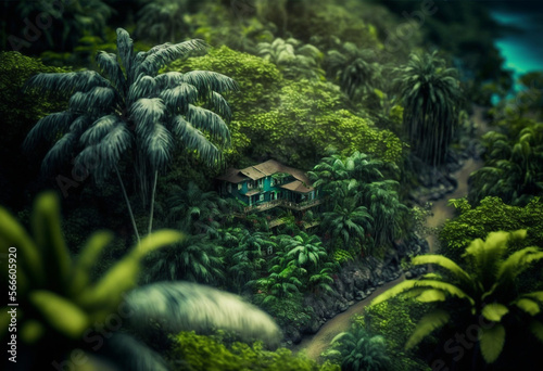 A Dreamy Artificial Jungle  A Realistic Tilt-Shift Perspective of Nature s Colorful Foliage and Reflections of Sunlight
